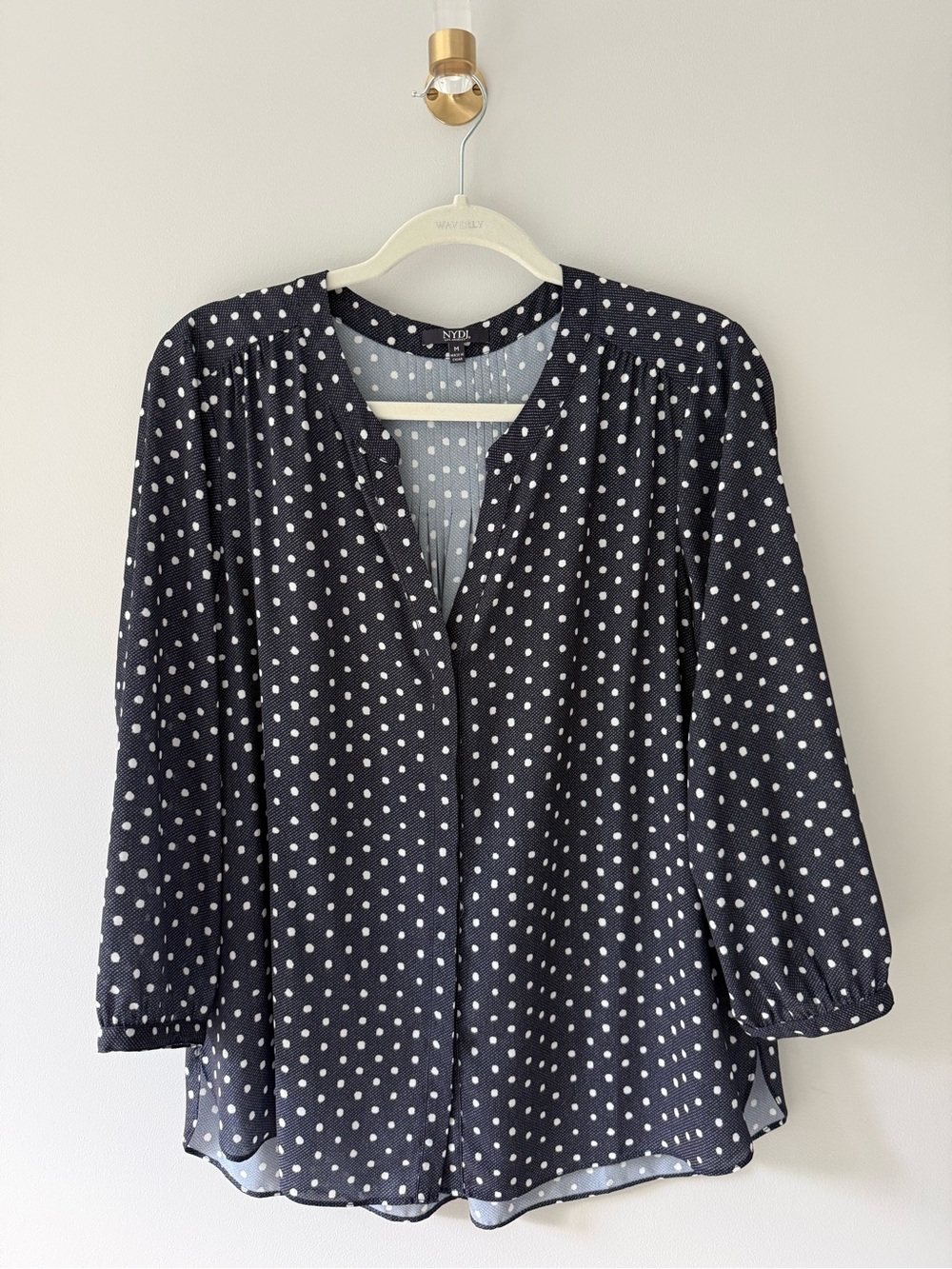 NYDJ Navy and White Polka Dot V-Neck Blouse